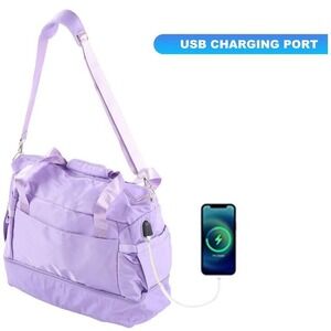 Purple Duffle Bag Weekender Travel Gym Yoga‎ Lavender Waterproof Charging Port